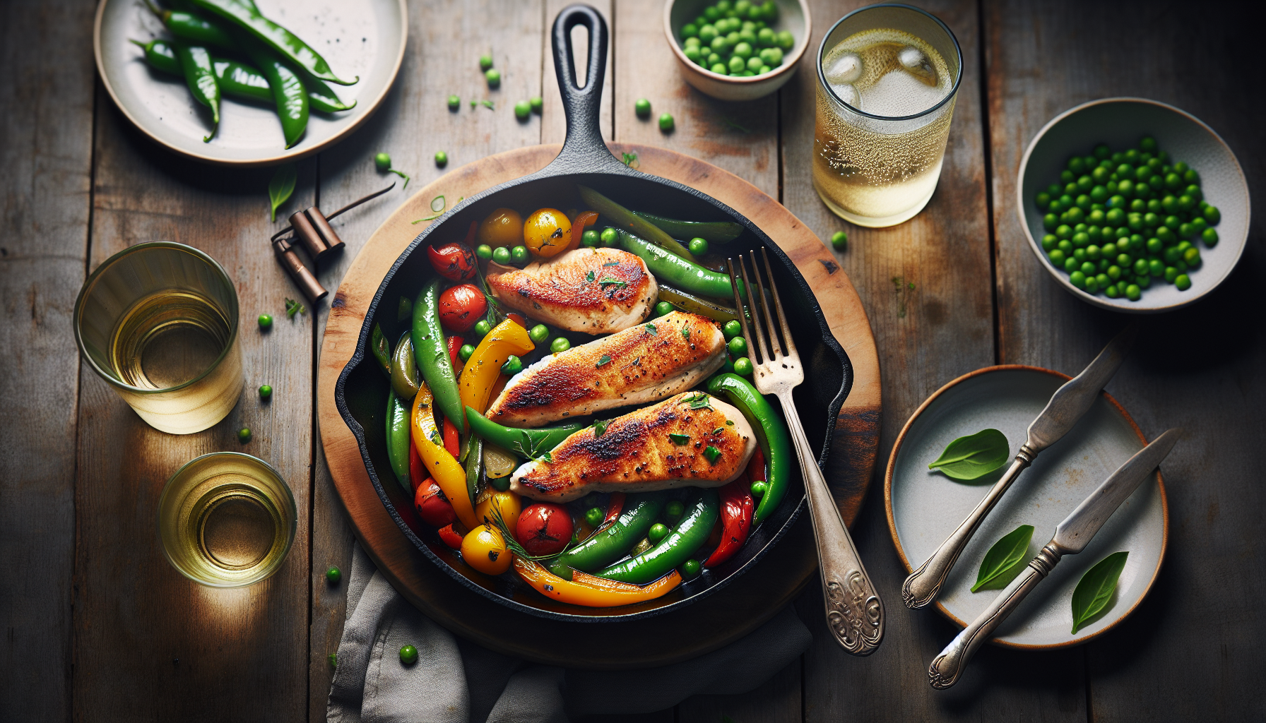 A delicious skillet chicken dinner with seared chicken, bell peppers, and snap peas in a cast-iron skillet.