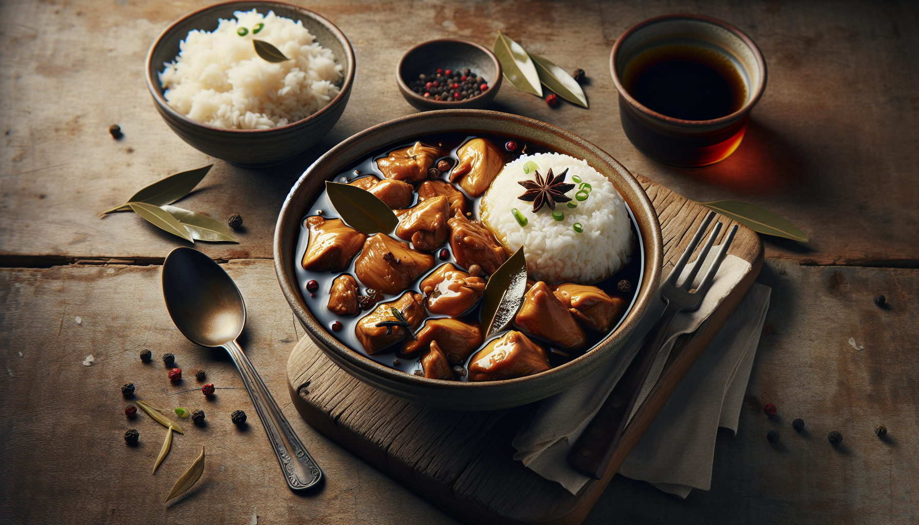 A bowl of classic Filipino chicken adobo with rice and garnishes.