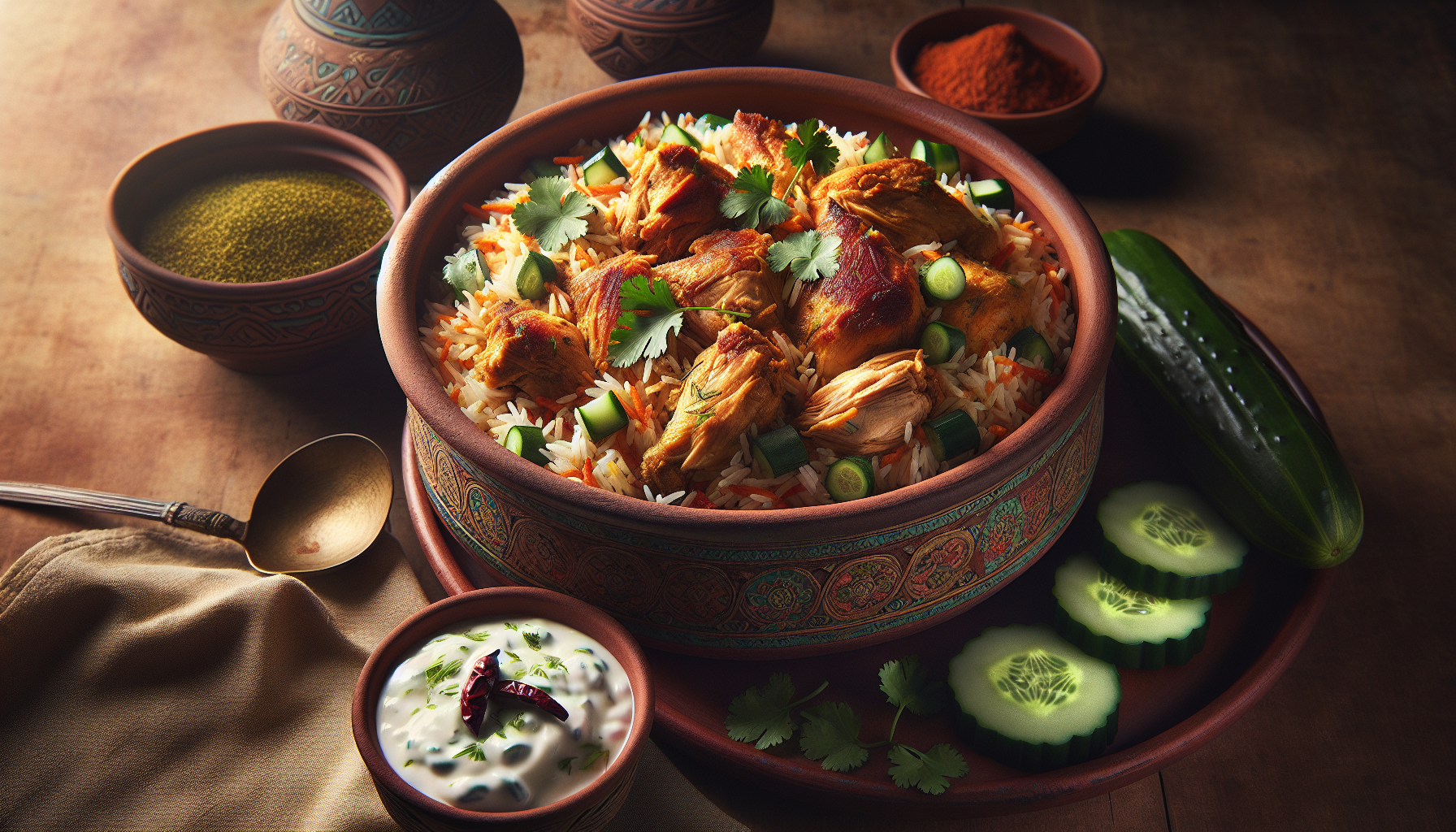 A flavorful Pakistani chicken biryani served in a traditional clay pot, garnished with cilantro and accompanied by cucumber slices and raita.