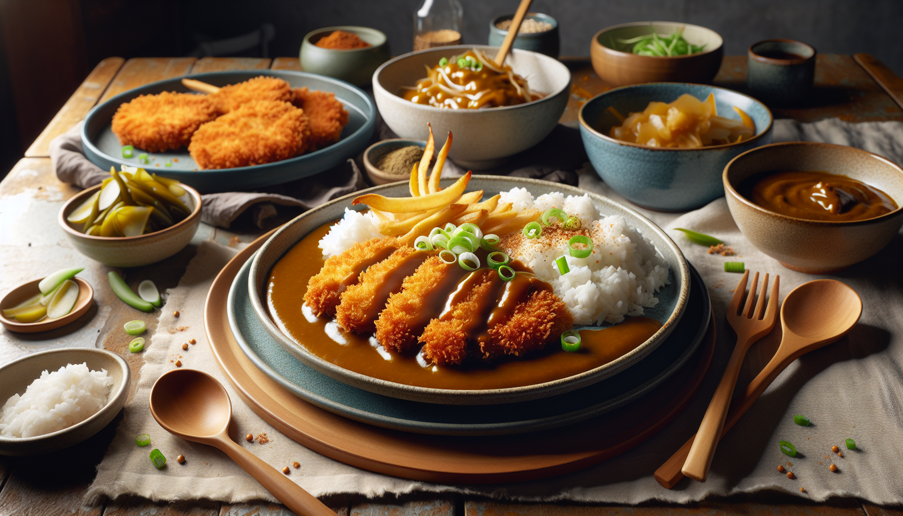 A plate of Katsu chicken curry with crispy chicken cutlets, rice, and garnishes, beautifully arranged on a rustic wooden table.